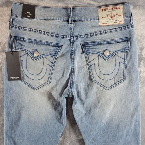 True Religion Ricky Jeans Mens SZ 31 Flap SN Relaxed Straight Light Blue Denim - Picture 3 of 12